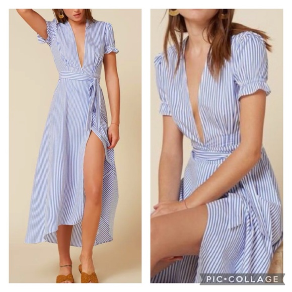 Reformation Dresses & Skirts - Reformation Jasmine Blue and White Striped High Low Wrap Dress Size Extra Small